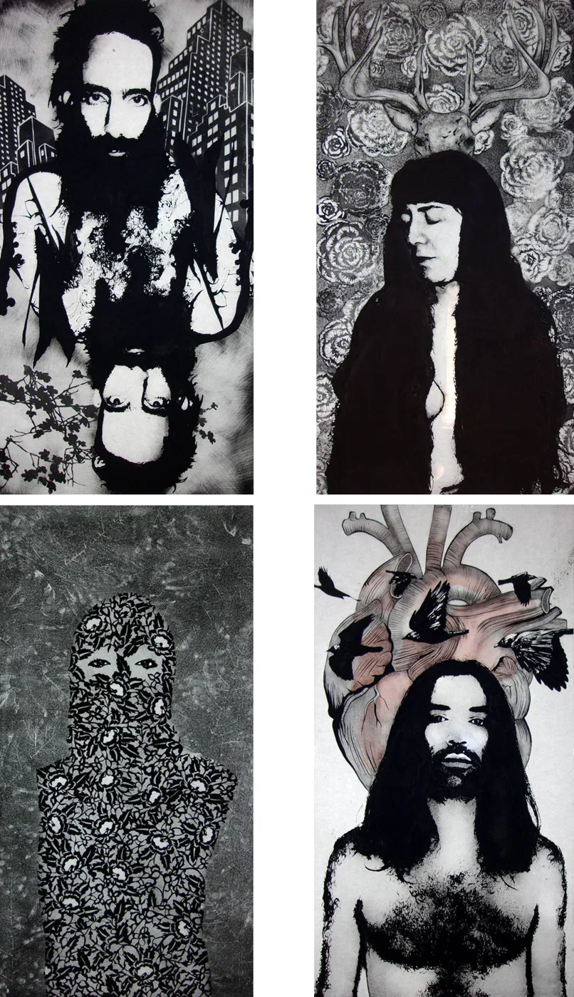 Portraits peints à la grisaille — collage ou vue du travail