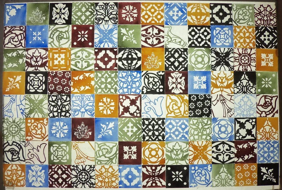 96 carreaux peints à la main — collage ou vue du travail