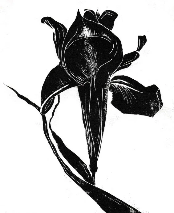 Linogravure florale en noir et blanc