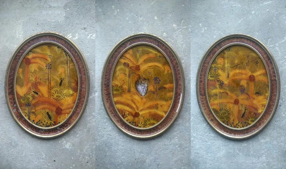 Peintures sur verre — mai 2020 — collage ou vue du travail